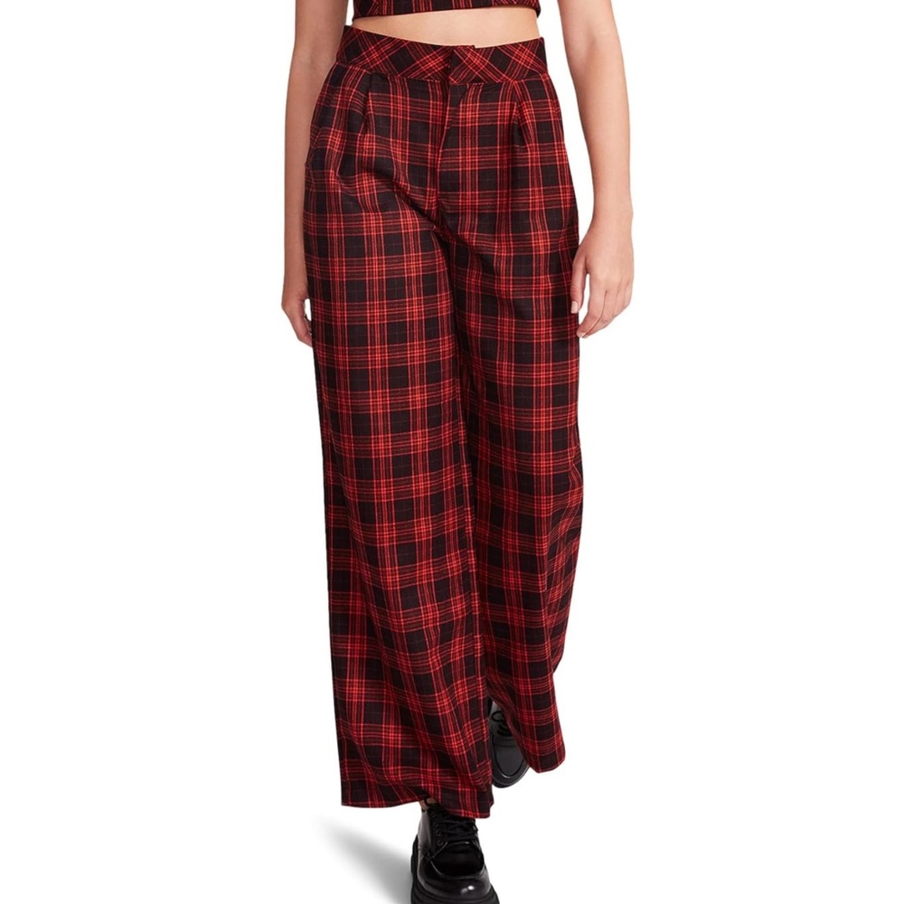 NWT Steve Madden Isabella Wide-Leg Pants Plaid Red Small